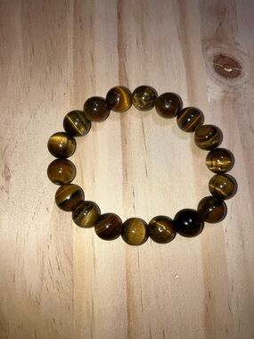 Hand Crafted Tiger Eye Beaded Bracelet in Brown and Gold Stretch